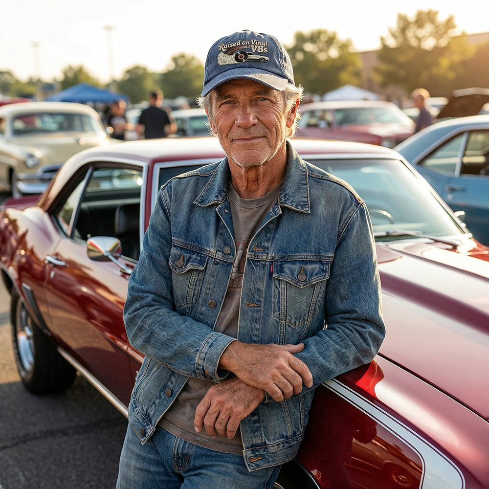 🏽🏽Siste dag, tidsbegrenset 49 % rabatt – «Raised on Vinyl and V8s» – en klassisk brodert baseballcaps designet for bilentusiaster.