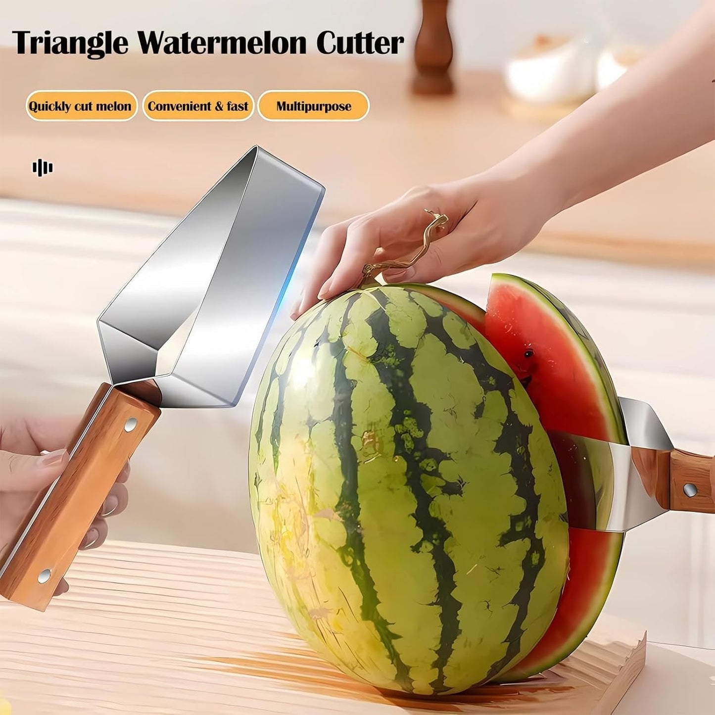 Triangle Watermelon Cutter, Stainless Steel with Wooden Handle - Melon Slicer, Fruit Cutter for Kitchen Gadgets