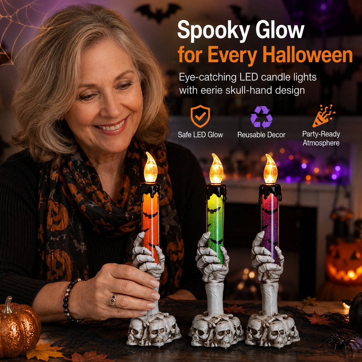 🎃Halvpristilbud i siste liten – Halloween LED-glitterlyssett (hånddesign med hodeskalle og skjelett)