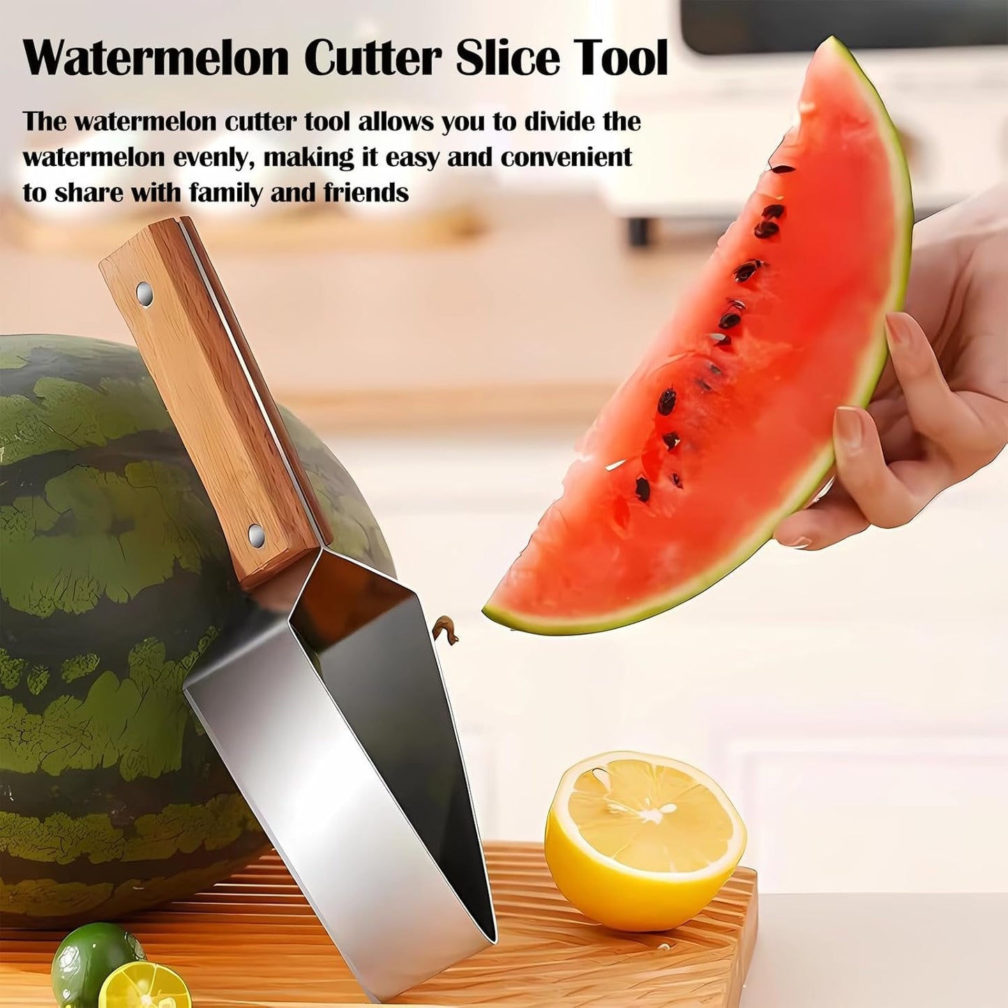Trekantet vannmelonskiver, rustfritt stål, trehåndtak - vannmelonskiver, fruktkutter, kjøkkenredskap