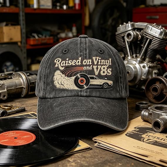 🏽🏽Siste dag, tidsbegrenset 49 % rabatt – «Raised on Vinyl and V8s» – en klassisk brodert baseballcaps designet for bilentusiaster.