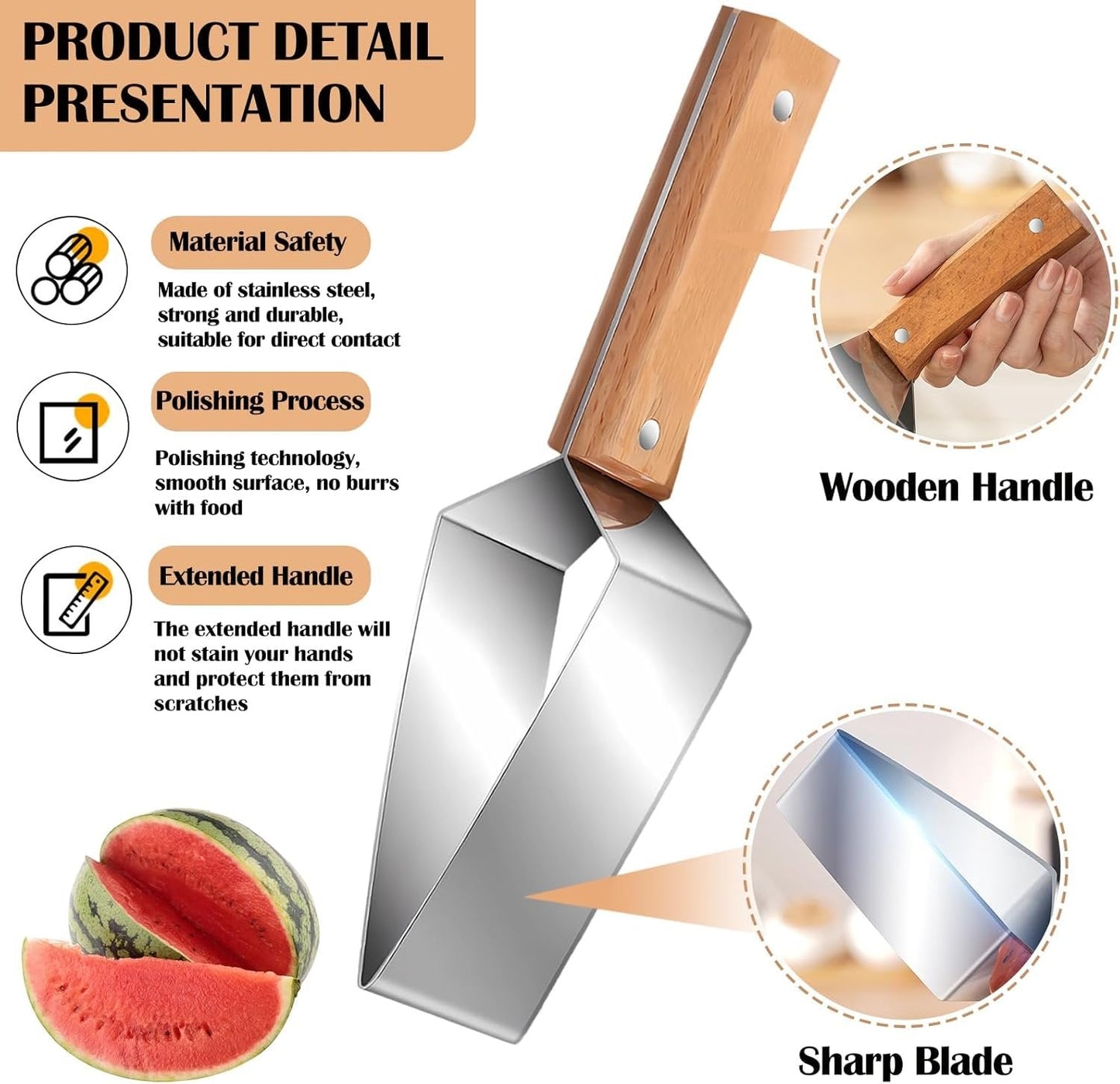 Triangle Watermelon Cutter, Stainless Steel with Wooden Handle - Melon Slicer, Fruit Cutter for Kitchen Gadgets