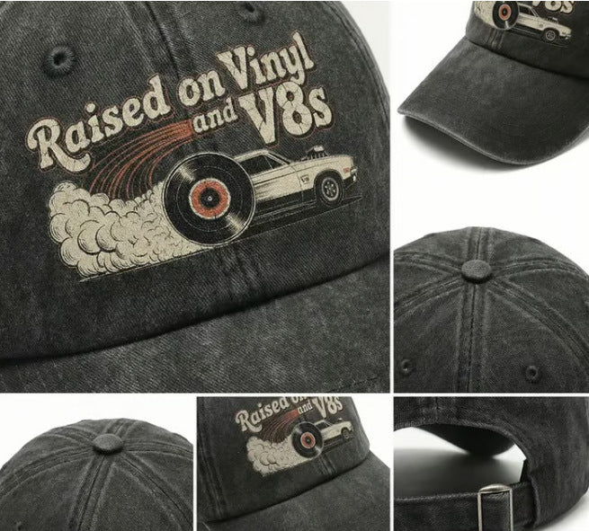 🏽🏽Siste dag, tidsbegrenset 49 % rabatt – «Raised on Vinyl and V8s» – en klassisk brodert baseballcaps designet for bilentusiaster.