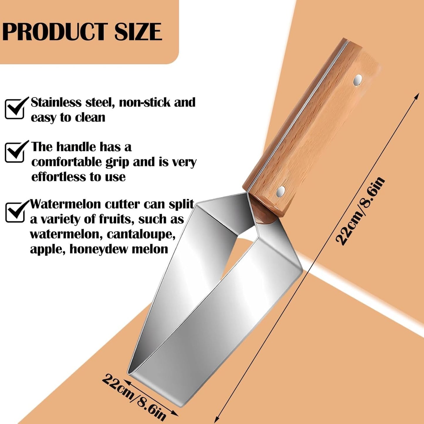 Triangle Watermelon Cutter, Stainless Steel with Wooden Handle - Melon Slicer, Fruit Cutter for Kitchen Gadgets