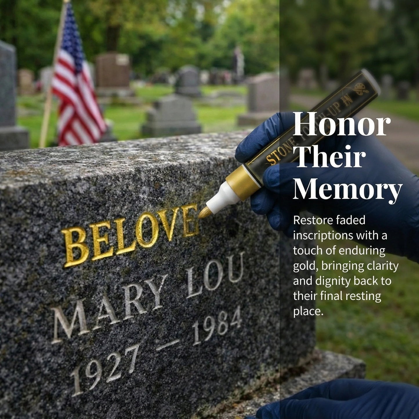 🐦En gullpenn som brukes til å restaurere falmede gravsteinsinnskrifter.