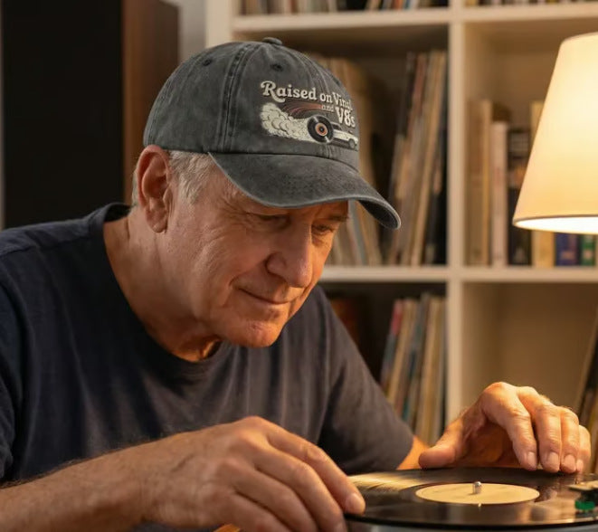 🏽🏽Siste dag, tidsbegrenset 49 % rabatt – «Raised on Vinyl and V8s» – en klassisk brodert baseballcaps designet for bilentusiaster.