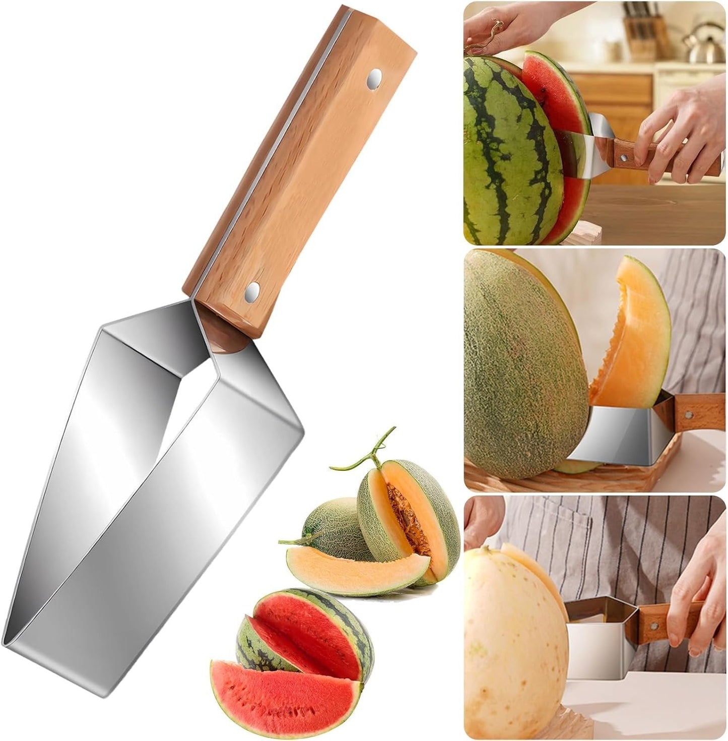 Triangle Watermelon Cutter, Stainless Steel with Wooden Handle - Melon Slicer, Fruit Cutter for Kitchen Gadgets